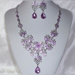 Purple Rhinestone Necklace Earrings Set Wedding Bridal Prom Pageant Quinceanera